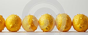 Row of fresh lemons with water droplets on white background