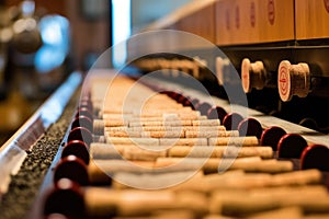 row of freshly punched wine corks on conveyor belt