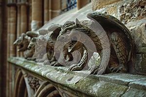 A Row of Gargoyles on a Stone Wall, Ancient stone gargoyles perched on Gothic architecture, AI Generated