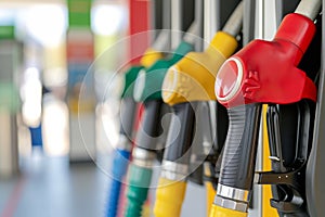 A row of gas pumps lined up side by side, ready for fueling vehicles, Gas pump with escalating prices indicating inflation, AI
