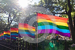 Row of Gay Pride Rainbow Flags near the Stonewall Inn in Greenwich Village of New York City