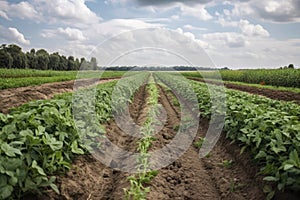 row of genetically modified crops growing in field