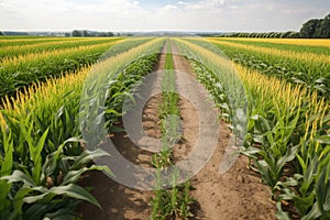 row of genetically modified crops growing in field