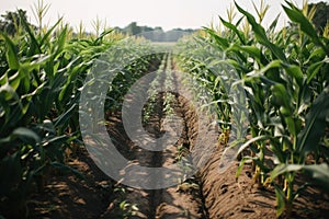 row of genetically modified crops growing in field