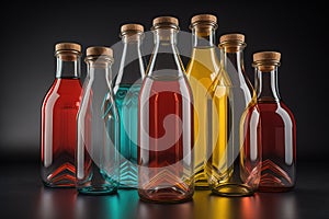 a row of glass bottles with colored liquid. ai generative photo