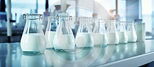 A row of glass bottles filled with azure liquid stands on the laboratory table