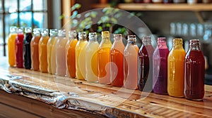 Row of Glass Bottles Filled With Different Colored Drinks