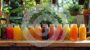 Row of Glass Bottles Filled With Different Colored Drinks