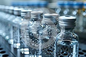 Row of glass bottles filled with liquid on a conveyor belt