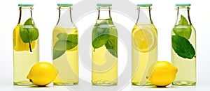 Row of glass bottles filled with yellow liquid, mint leaves, and lemon slices