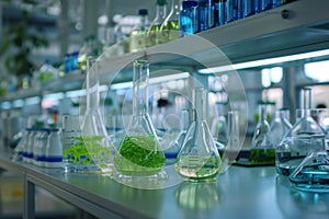 Row of Glass Flasks Filled With Green Liquid