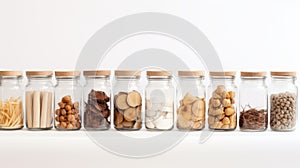 a row of glass jars with different types of food on a white background