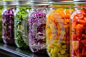 A row of glass jars filled with different types of vegetables, preserved for long-term freshness and convenience, A close-up of