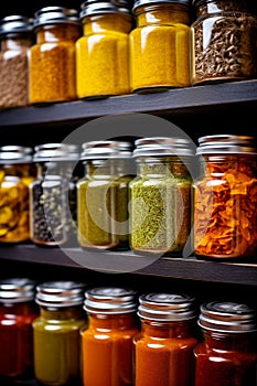 Row of glass jars full of various spices.