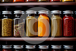 Row of glass jars full of various spices.