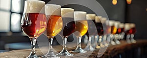 A row of glasses, each with a different craft beer, sits on a wooden bar counter.