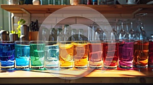 A row of glasses filled with different colored liquids on a counter, AI