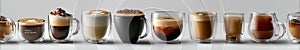 A row of glasses filled with different types of coffee