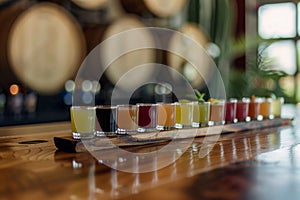 Row of Glasses Filled With Liquid on Wooden Table photo