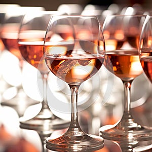 A row of glasses half filled with rose wine photo
