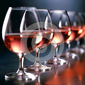 A row of glasses half filled with rose wine photo