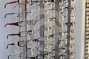 Row of glasses at an opticians