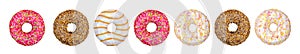 A row of glazed doughnuts on a white isolated background