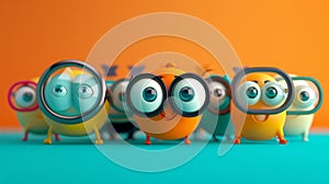 A row of gles huddled together in a circle ping around a monocle as they brainstorm quirky new fashion trends for their