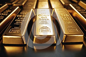 A row of gold bars. The bars are stacked on top of each other