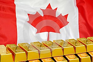 Row of gold bars on the Canada flag background. Concept of gold reserve and gold fund of Canada