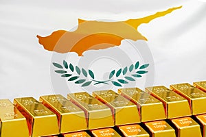 Row of gold bars on the Cyprus flag background. Concept of gold reserve and gold fund of Cyprus