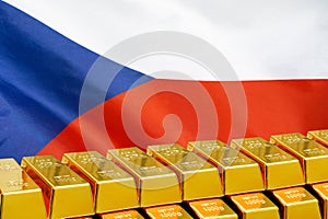 Row of gold bars on the Czech Republic flag background. Concept of gold reserve and gold fund of Czech Republic