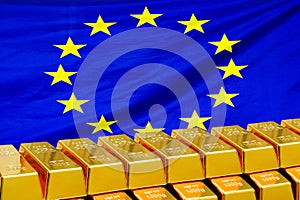 Row of gold bars on the EU flag background. Concept of gold reserve and gold fund of European Union