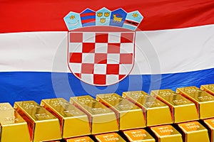 Row of gold bars on flag of Croatia background. Concept of gold reserve and gold fund of Republic of Croatia