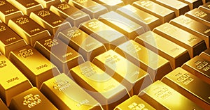 Row of gold bars with golden refraction.