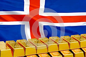 Row of gold bars on the Iceland flag background. Concept of gold reserve and gold fund of Iceland