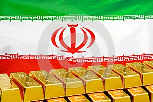 Row of gold bars on the Iran flag background. Concept of gold reserve and gold fund of Iran