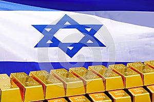 Row of gold bars on the Israel flag background. Concept of gold reserve and gold fund of Israel