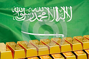 Row of gold bars on the Saudi arabia flag background. Concept of gold reserve and gold fund of Saudi arabia