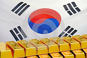 Row of gold bars on the South Korea flag background. Concept of gold reserve and gold fund of South Korea