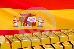 Row of gold bars on the Spain flag background. Concept of gold reserve and gold fund of Spain