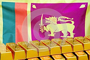 Row of gold bars on the Sri Lanka flag background. Concept of gold reserve and gold fund of Sri Lanka