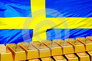 Row of gold bars on the Sweden flag background. Concept of gold reserve and gold fund of Sweden