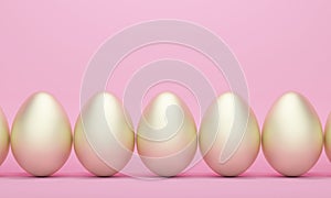 A row of golden eggs on a pink background. 3d rendering