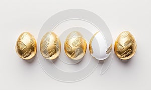 a row of golden eggs with a white egg in the middle of the row, with a white egg in the middle of the row