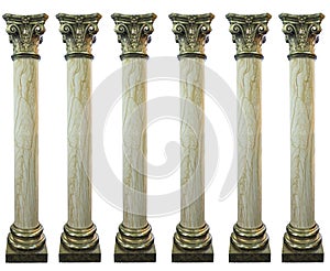 Row of golden top and bottom decorated greek columns isolated over white