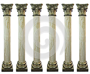 Row of golden top and bottom decorated greek columns isolated over white photo
