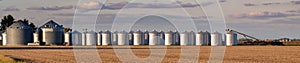 A row of grain storage bins