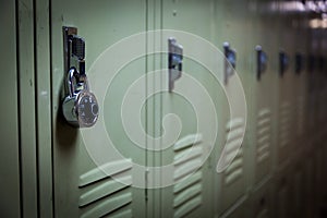 A row of green school lockers with a padlock