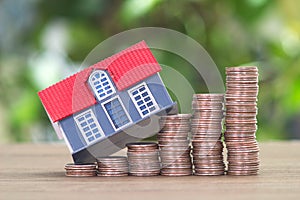 Row of growing dollar coins and a small house model